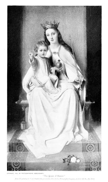 ilustrações, clipart, desenhos animados e ícones de maria segura o menino jesus em "a rainha do céu" do artista hj sinkle, arte sacra - queen mary 2