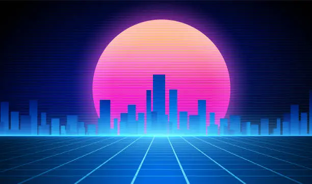 Vector illustration of Synthwave retro background - city