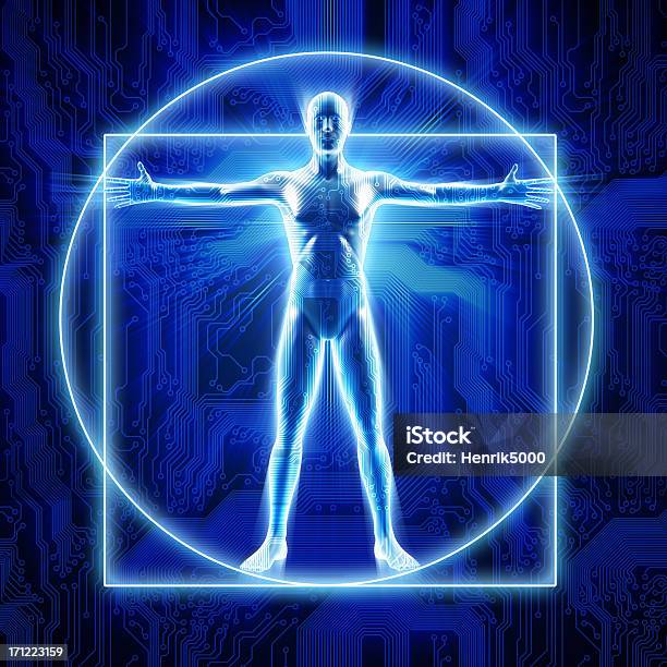 Hombre Con Cyber Alta Tecnología Tema Foto de stock y más banco de imágenes de Tecnología - Tecnología, Alerta, Azul