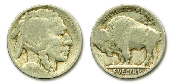 Two sides of an old Indian Head Buffalo Nickel. The date is no longer visible. Production of the Buffalo Nickel / Indian Head Nickel ended in 1938.*Contains a vector Work Path to flawlessly remove the coins from the background and shadow.