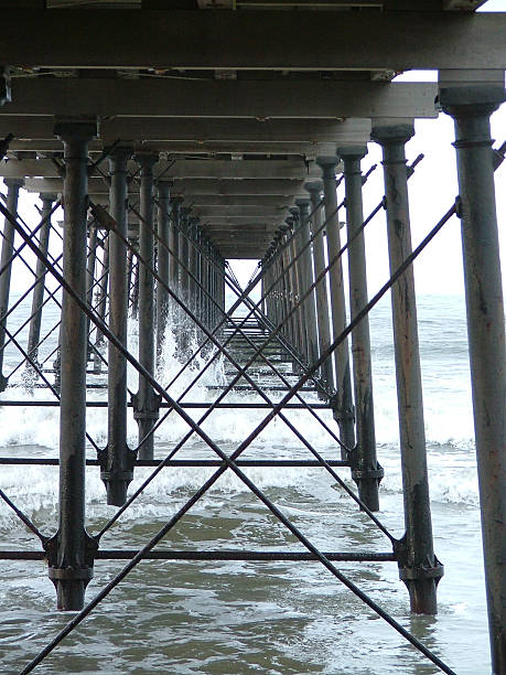 Below The Pier And The Support Structure A shot taken under the pier at Saltburn-by-the-Sea, showing the supports, cross braces and underside, with an incoming tide. cleveland england stock pictures, royalty-free photos & images
