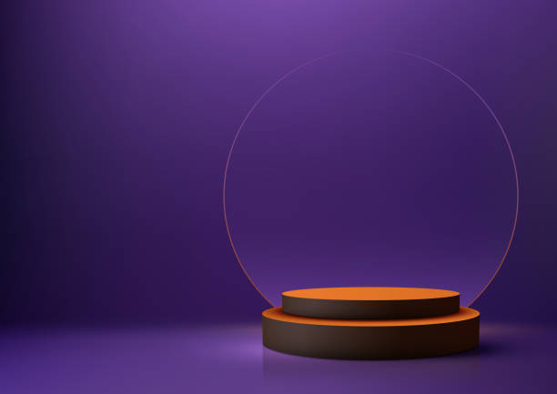 istock Black and Orange Podium Product Display Mockup with Transparent Glass Circle Backdrop, Halloween Concept 1712250689