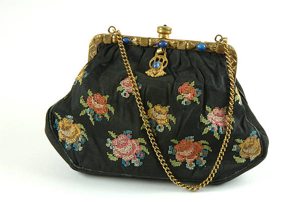 Antique black silk ladies evening purse with hand embroidery