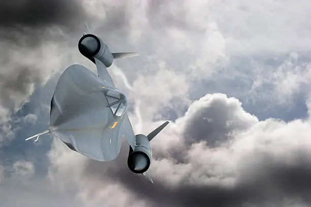 SR-71 Blackbird in flight. Superimposed aircraft and sky.