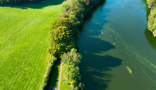 foto aérea de algas azul-verdes en el río bann desde lough neagh en portna lock kilrea co derry antrim irlanda del norte - bann fotografías e imágenes de stock