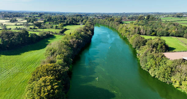 foto aérea de algas azul-verdes en el río bann desde lough neagh en portna lock kilrea co derry antrim irlanda del norte - bann fotografías e imágenes de stock