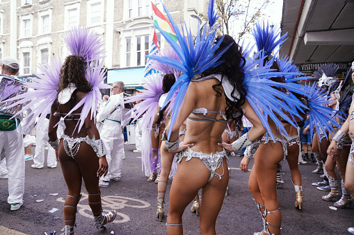 August 28th, 2023 - Notting Hill Gate, London, UK\n\nFemale performers and dancers gathering on Portobello Road, Notting Hill Gate, London, UK.