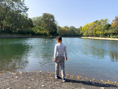Boy watches the lake from its shore