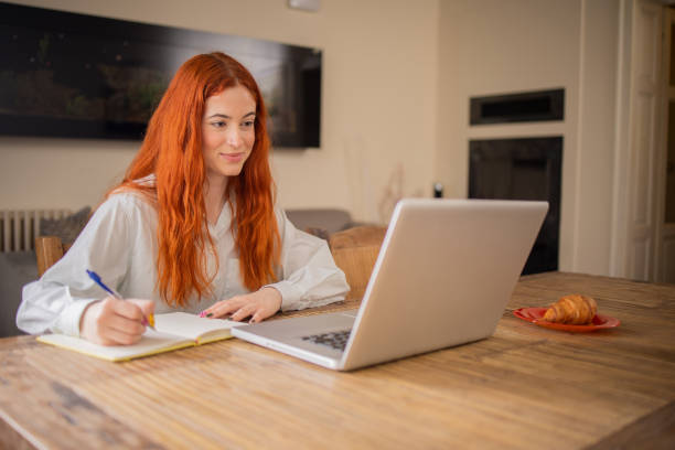 istock Happy young woman is learning online 1712311048