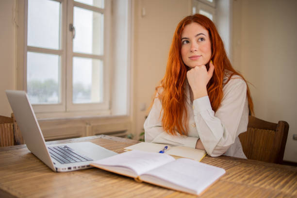 istock Happy young woman is learning online 1712311103