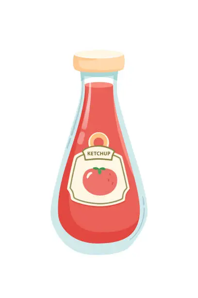 Vector illustration of Traditional glass tomato ketchup bottle with label isolated on white background vector illustration