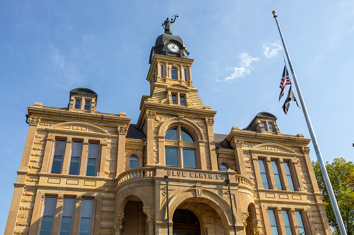 This image shows a close-up view of the historic Blue Earth County Courthouse in Mankato, Minnesota, built in 1889, and listed in the National Register of Historic Places.