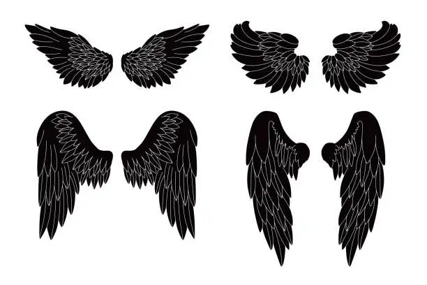 Vector illustration of Collection of Angel wings silhouette black and white