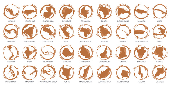 Collection of coffee cup round stains shaped like a coffee origin countries, producers and exporters. Vector drops and splashes on white.