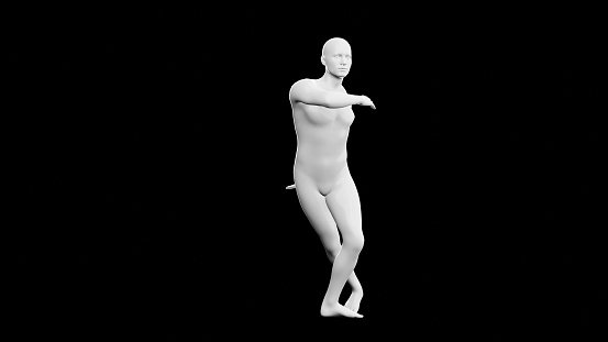 Beautiful young athletic man dancing energetically in hip hop style, isolated on black background. 3d illustration (rendering). Shiny white mannequin, android.