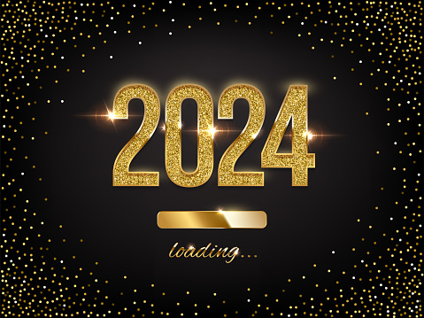 New Year golden loading bar vector illustration. 2024 Year progress with lettering. Party countdown, download screen. Invitation card, banner. Event, holiday expectation. Sparkling glitter background.