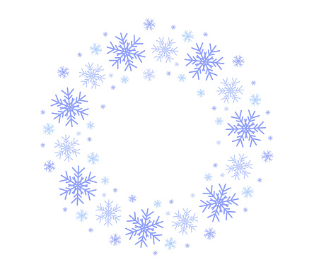Snowflakes, round frame. Winter, Christmas pattern, delicate decoration, wreath of ice flakes. A lace ring of delicate snowflakes to decorate a banner, congratulations, greetings. Vector illustration.