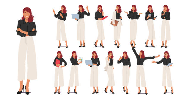 Businesswoman Character Poses Set Featuring Confident Stances, Woman Professional Gestures, And Dynamic Postures Businesswoman Character Poses Set Featuring Confident Stances, Woman Professional Gestures, And Dynamic Postures, Perfect For Showcasing Competence And Leadership. Cartoon People Vector Illustration gesturing stock illustrations