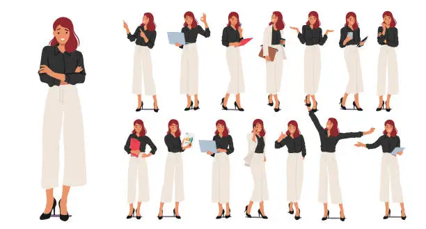 Vector illustration of Businesswoman Character Poses Set Featuring Confident Stances, Woman Professional Gestures, And Dynamic Postures