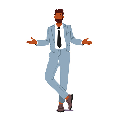 Befuddled Black Businessman Character, Shoulders Raised In Perplexity, Embodies The Complexities Of Modern Business Decisions, Reflecting Uncertainty And Ambiguity. Cartoon People Vector Illustration