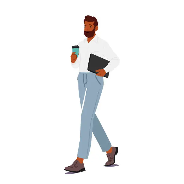 Vector illustration of Business Man In Smart Office Wear Holding Briefcase And Drinking Coffee From Disposable Cup On The Go, Vector