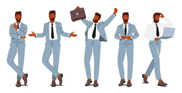 Vector illustration of Business Man Standing In Different Poses. Male Character In Smart Wear Posing With Folded Arms, Showing Confusion