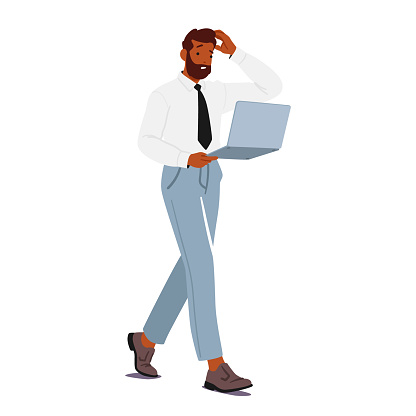 Befuddled Businessman Character Clutching Laptop, Wears Furrowed Brow, Portraying The Chaos Of Modern Corporate Life And The Challenges Of Navigating Digital World. Cartoon People Vector Illustration