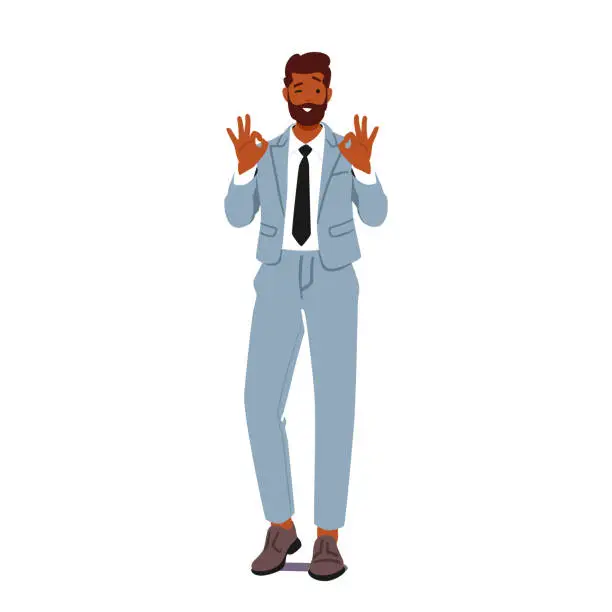 Vector illustration of Confident Businessman Character Wears Smart Suit, Giving An Affirmative Ok Gesture With A Reassuring Smile, Vector