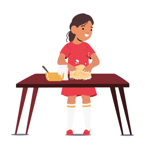 Vector illustration of Charming Scene Unfolds As A Little Chef In Process. Girl Character Kneads Dough With Tiny Hands, Face Lit Up With Joy