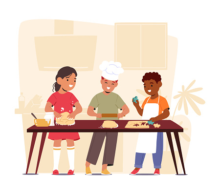 Young Chefs In Chef Uniforms Whipping Up Delicious Cookies. Kids Characters Explore Culinary Delights, Donning Aprons And Creating Sweet Masterpieces In The Kitchen. Cartoon People Vector Illustration