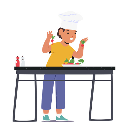 Adorable Scene Little Child Joyfully Engages In Cooking, Carefully Tossing Vibrant Vegetables For A Delightful Salad. A Heartwarming Sight Of Culinary Exploration. Cartoon People Vector Illustration
