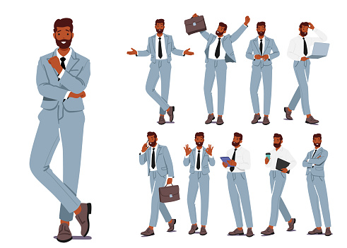 Businessman Character Poses Set. Collection Of Professional Postures For Confident Executives. Ideal For Presentations, Marketing Materials, And Corporate Branding. Cartoon People Vector Illustration