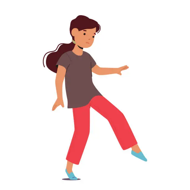Vector illustration of Little Girl Character Displaying Eccentric Movements Associated With Autism, Repetitive Behaviors Or Unusual Gestures