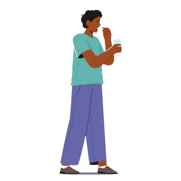 Vector illustration of Man, With A Glass Of Water In Hand, Takes A Pill. His Focused Expression Reflects A Simple Act Of Self-care, Vector