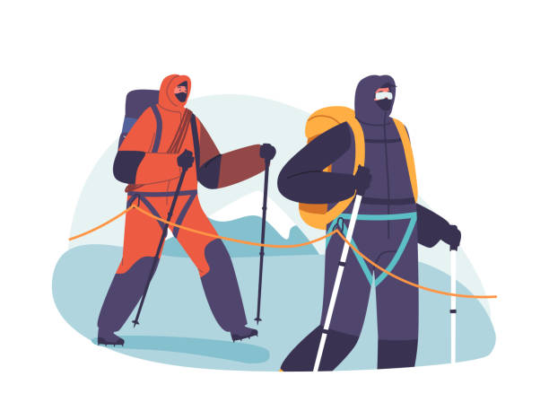 illustrazioni stock, clip art, cartoni animati e icone di tendenza di i personaggi di fearless rock climber scalano la scogliera torreggiante con determinazione. forza e sete di avventura - climbing rock men mountain climbing