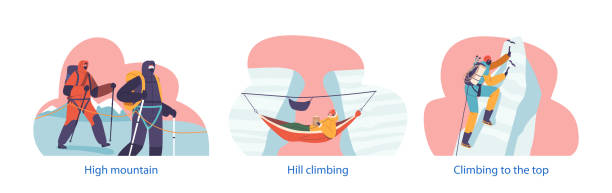 illustrazioni stock, clip art, cartoni animati e icone di tendenza di elementi isolati con scalatori senza paura scale scogliera torreggiante e rilassarsi in amaca sulla scogliera rocciosa, vettore - climbing rock men mountain climbing