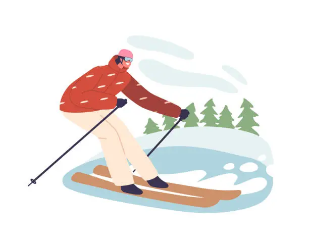 Vector illustration of Slalom Sportsman Character Glides Down The Icy Slope, Weaving Through The Gates, Displaying Incredible Agility