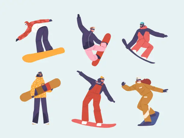 Vector illustration of Set of People Training on Ski Resort. Wintertime Activity and Extreme Outdoors Snowboarding Sport, Vector Illustration