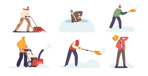 Vector illustration of Snowy Scenes With Characters Shoveling Snow. Bundled Up In Winter Gear, They Work To Clear A Path Through White Snow