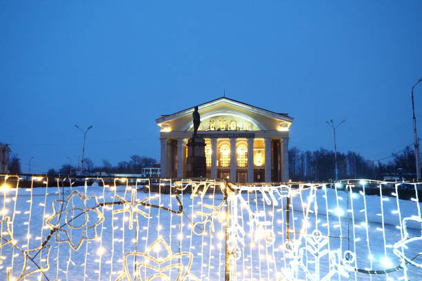 Russian Drama Theatre. Musical theater of the Republic of Karelia. New Year's decoration of the theater facade. Snowdrifts. Evening lighting. New Year's street stock photo