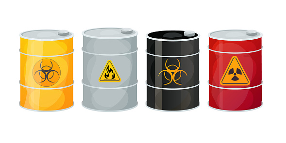 Set Metal barrels with toxic, dangerous signs in cartoon style isolated on white background. Radioactive, flammable. Vector illustration