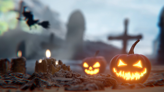 Contains witch, tombstone pumpkin, spooky atmosphere.