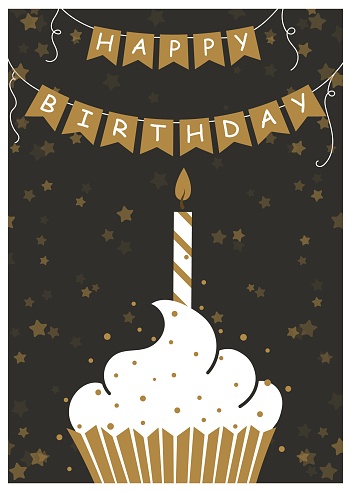 Happy birthday greeting card. Vector illustration of cupcake with candles. Hand drawn style.