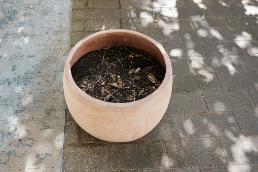 Large old ceramic pot filled with soil in the shade.