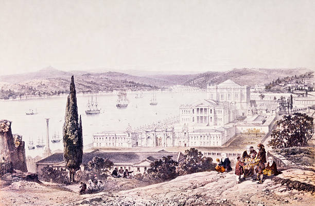 Bosphorus and Dolmabahce Palace Engraving of Bosphorus and Dolmabahce Palace in Istanbul, Turkey, dated 1854 bosphorus stock illustrations