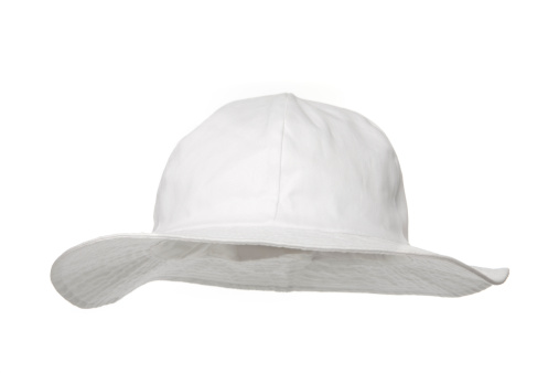 White blank bucket hat. Ready to add your own logo or sayings. Front view and shot in an angle so you can put it on the head of a person. Isolated on white for clipping.