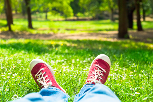 A person in blue jeans and red sneakers relaxes in a park in Rome.  The legs of the photographer are extended across bright green grass.  Tree trunks are seen around a brown walking path in the far distance.  Small white flowers are hidden in the grass.