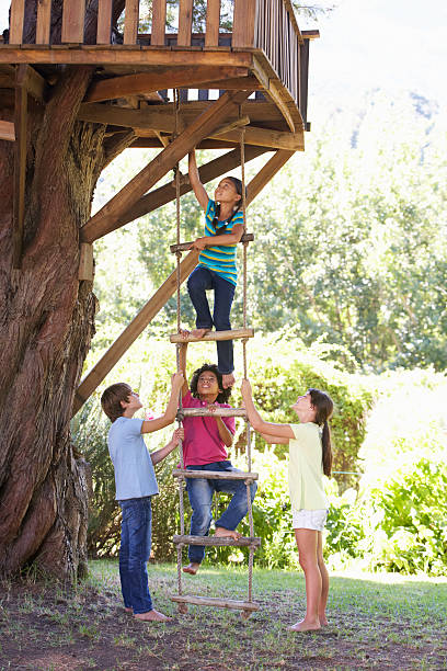 Group of children climbing hanging ladder to treehouse Group Of Children Helping Each Other To Climb Rope Ladder To Treehouse. girl climbing ladder stock pictures, royalty-free photos & images