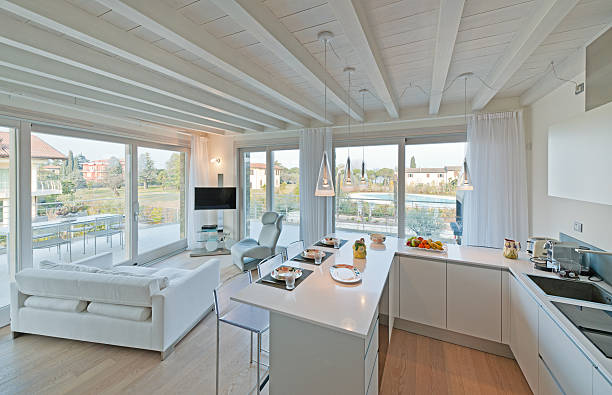 istock White and linear open space, glass doors, terrace, tv, sofa 171239651