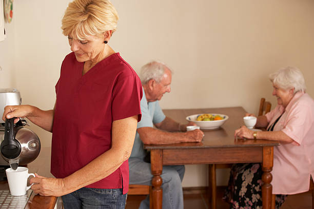 istock Home Help Sharing Cup Of Tea With Senior Couple 171239754